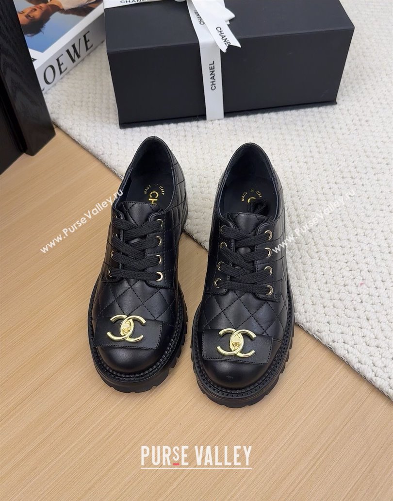 Chanel Quilted Calfskin Lace-up Shoes 3cm with CC Tag Black 2025 CH041717 (MD-250417084)