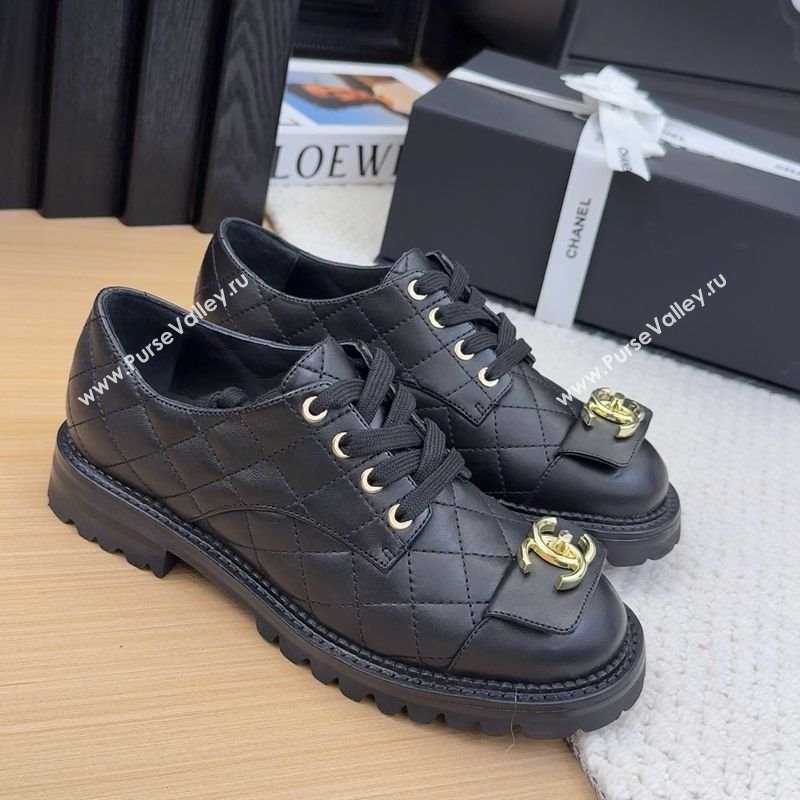 Chanel Quilted Calfskin Lace-up Shoes 3cm with CC Tag Black 2025 CH041717 (MD-250417084)