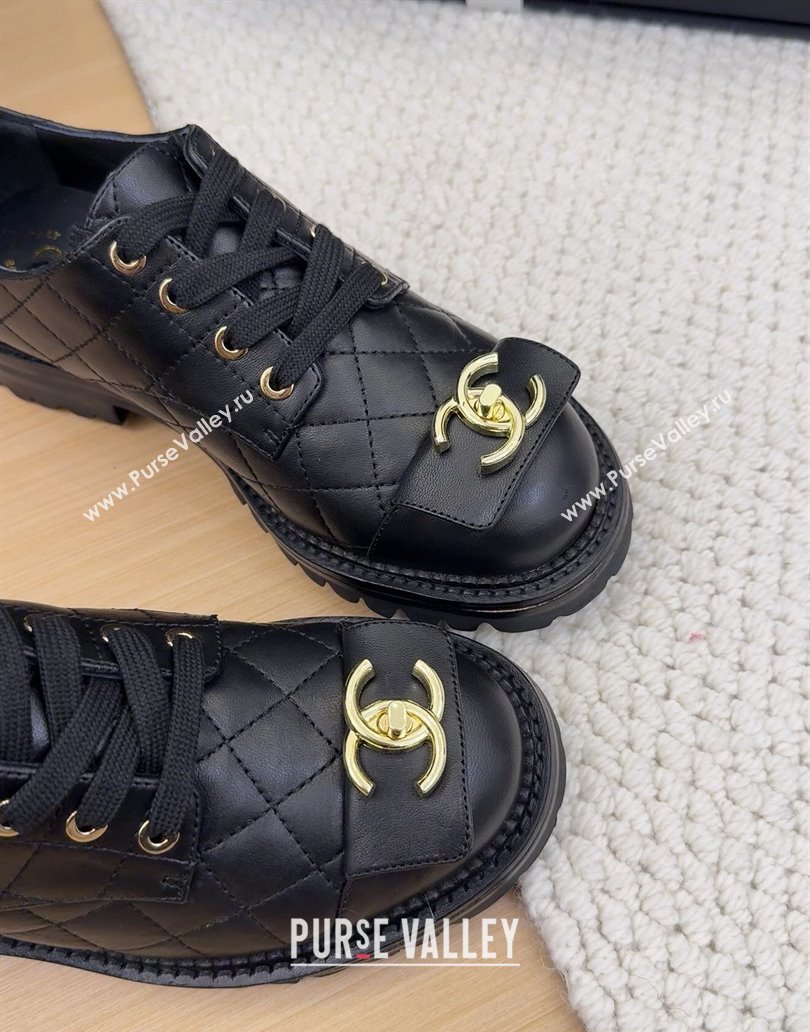 Chanel Quilted Calfskin Lace-up Shoes 3cm with CC Tag Black 2025 CH041717 (MD-250417084)