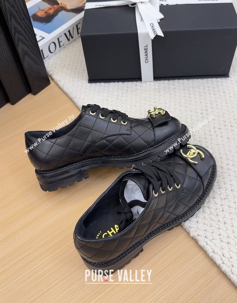 Chanel Quilted Calfskin Lace-up Shoes 3cm with CC Tag Black 2025 CH041717 (MD-250417084)