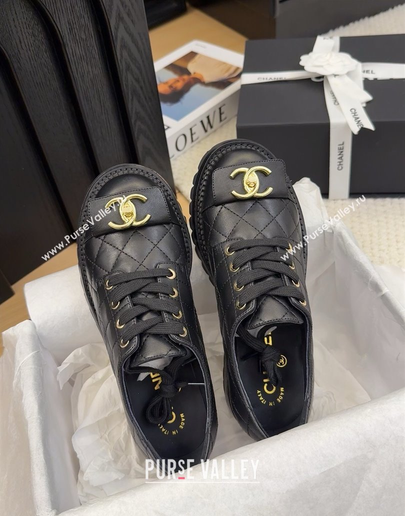 Chanel Quilted Calfskin Lace-up Shoes 3cm with CC Tag Black 2025 CH041717 (MD-250417084)