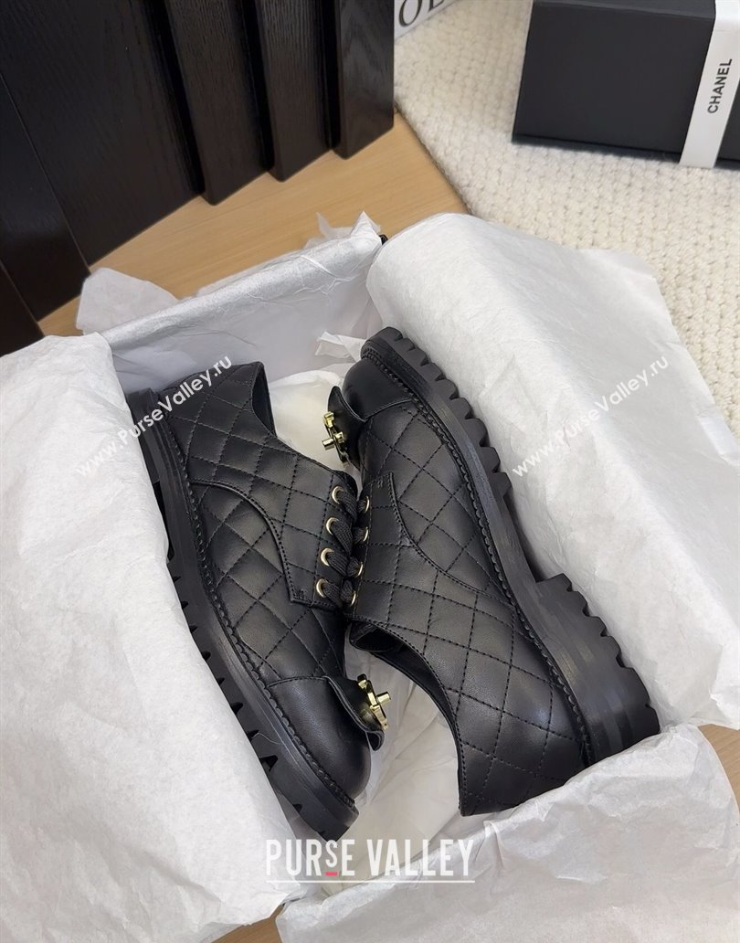 Chanel Quilted Calfskin Lace-up Shoes 3cm with CC Tag Black 2025 CH041717 (MD-250417084)