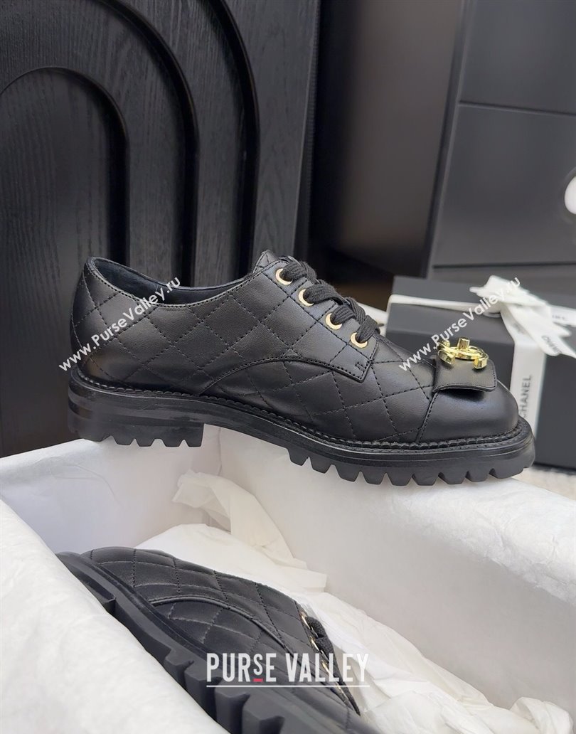 Chanel Quilted Calfskin Lace-up Shoes 3cm with CC Tag Black 2025 CH041717 (MD-250417084)