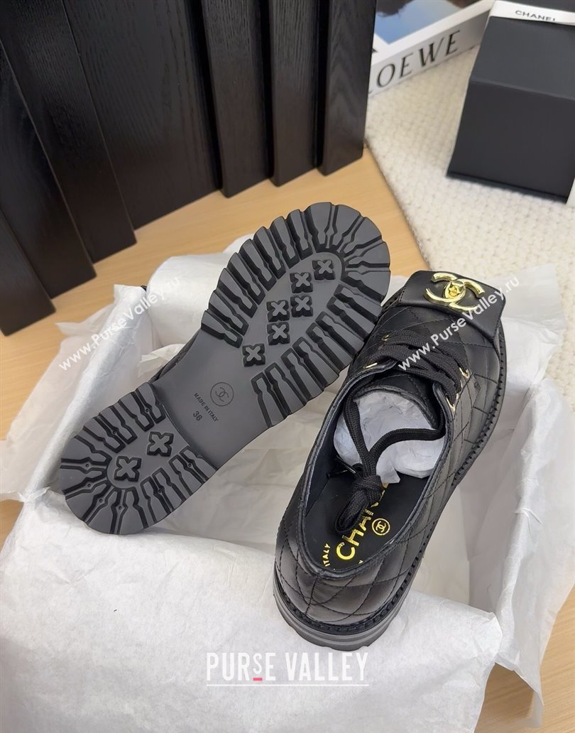 Chanel Quilted Calfskin Lace-up Shoes 3cm with CC Tag Black 2025 CH041717 (MD-250417084)