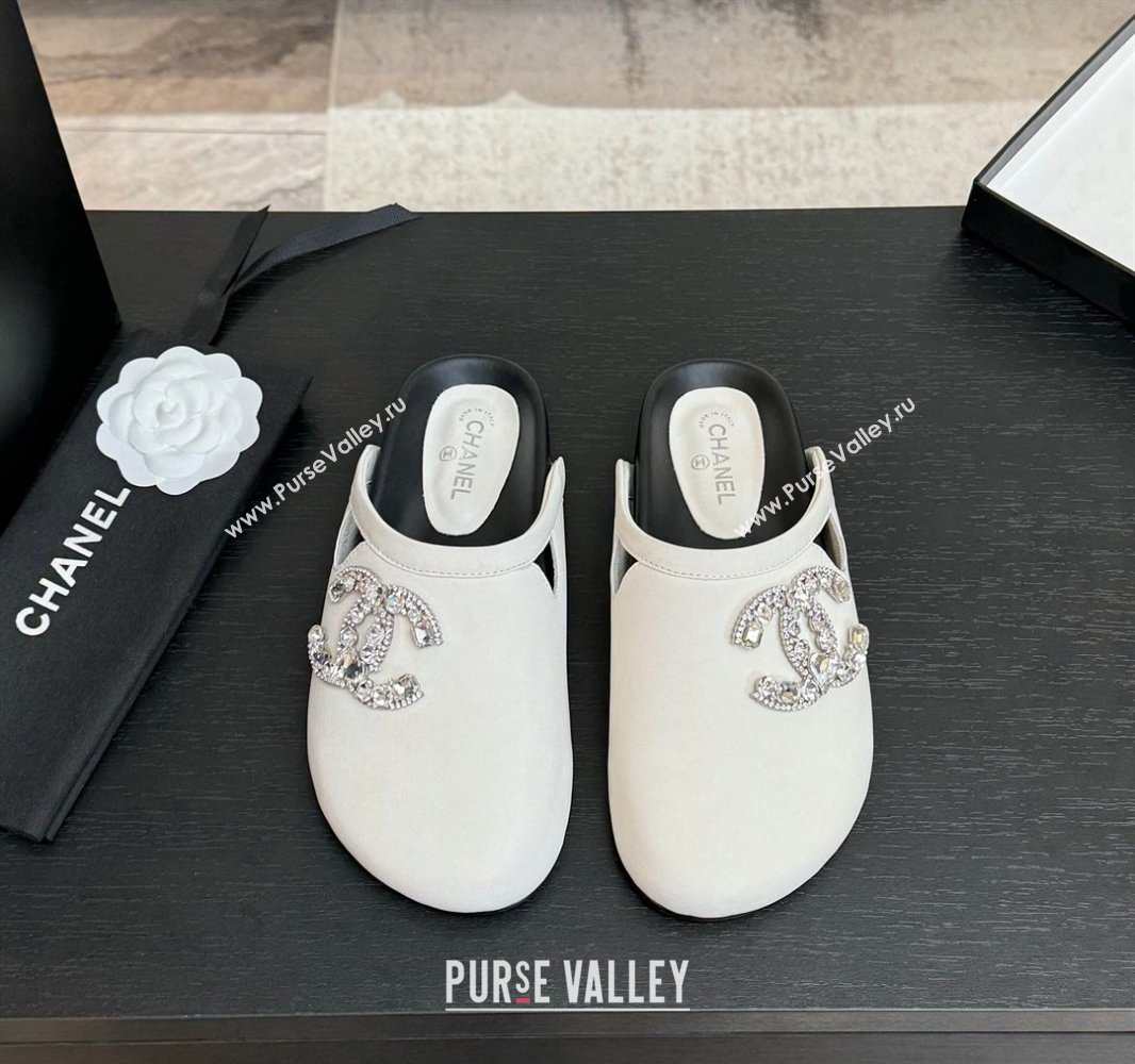 Chanel Calfskin Flat Mules with Strass CC White 2025 CH041718 (MD-250417088)