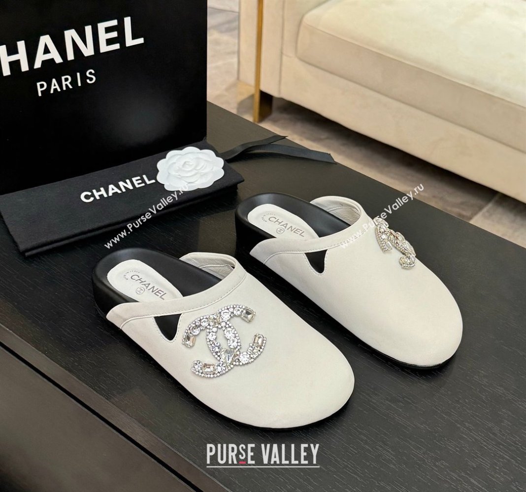 Chanel Calfskin Flat Mules with Strass CC White 2025 CH041718 (MD-250417088)