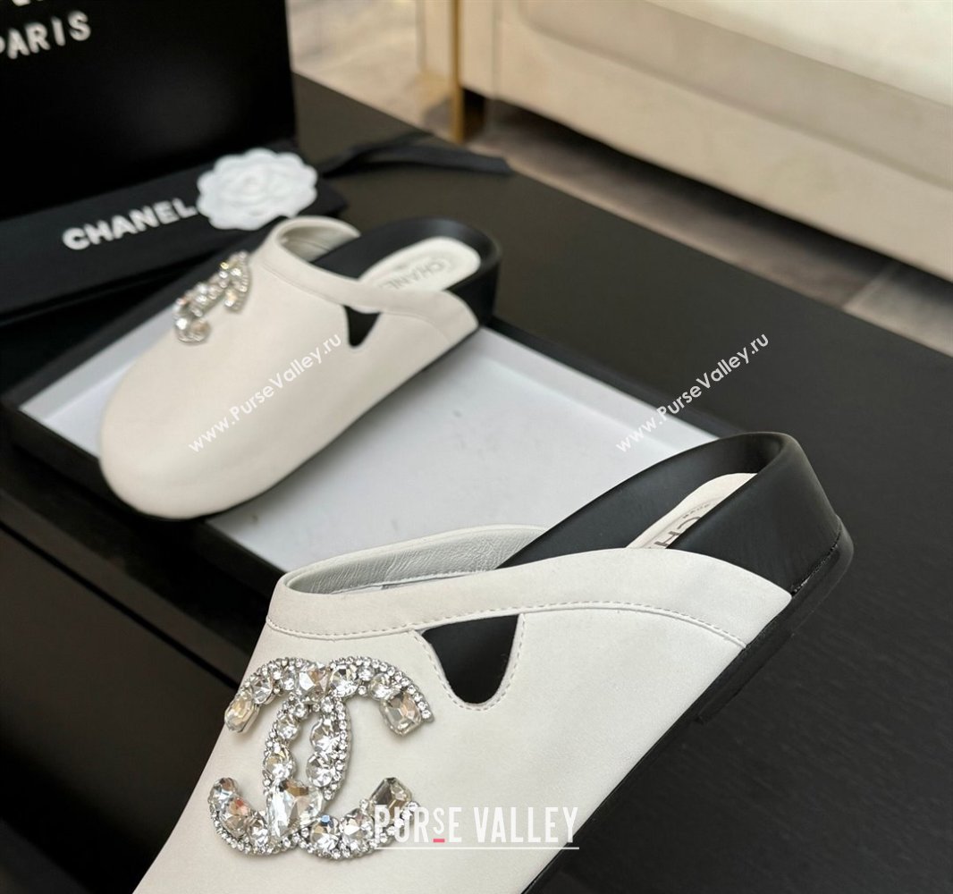 Chanel Calfskin Flat Mules with Strass CC White 2025 CH041718 (MD-250417088)