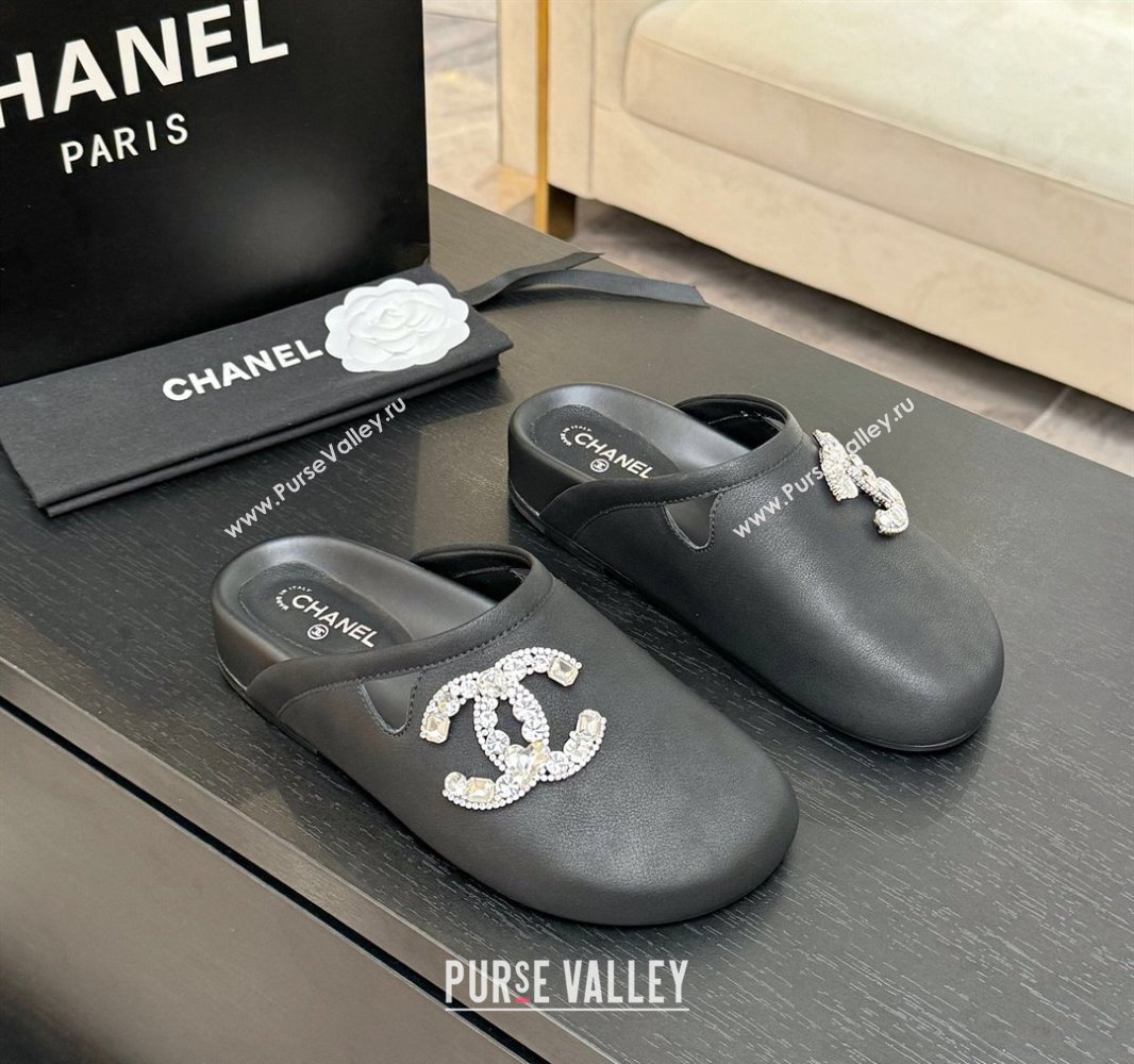 Chanel Calfskin Flat Mules with Strass CC Black 2025 CH041718 (MD-250417089)