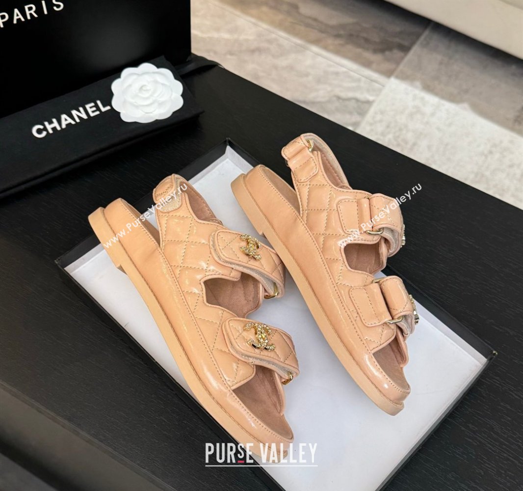 Chanel Patent Calfskin Flat Strap Sandals with Strass CC Nude Pink 2025 CH041719 (MD-250417092)