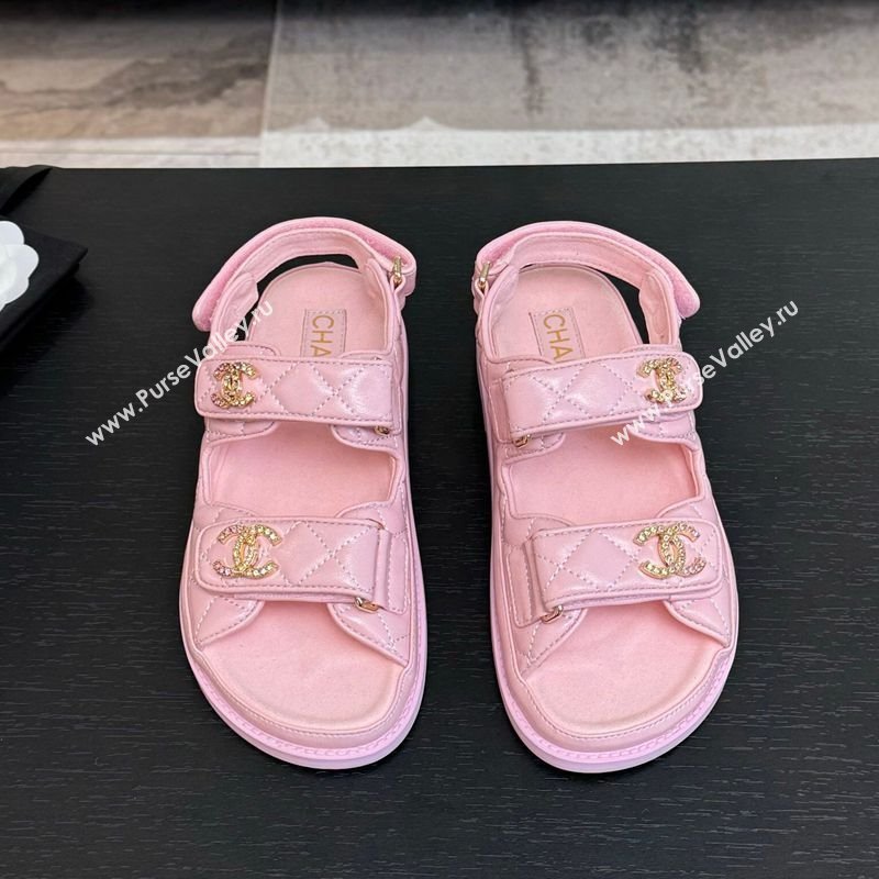 Chanel Patent Calfskin Flat Strap Sandals with Strass CC Light Pink 2025 CH041719 (MD-250417095)