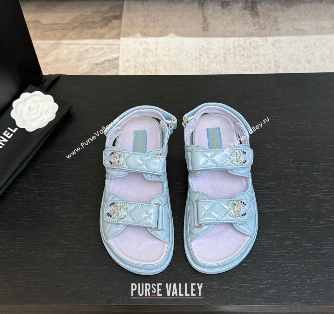 Chanel Patent Calfskin Flat Strap Sandals with Strass CC Light Blue 2025 CH041719 (MD-250417096)
