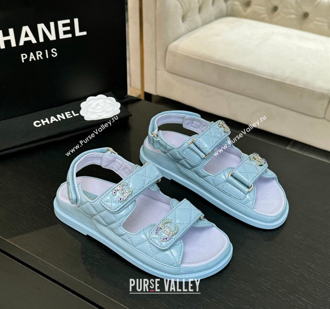 Chanel Patent Calfskin Flat Strap Sandals with Strass CC Light Blue 2025 CH041719 (MD-250417096)