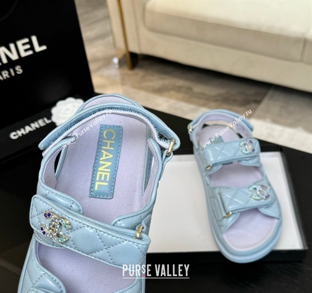 Chanel Patent Calfskin Flat Strap Sandals with Strass CC Light Blue 2025 CH041719 (MD-250417096)