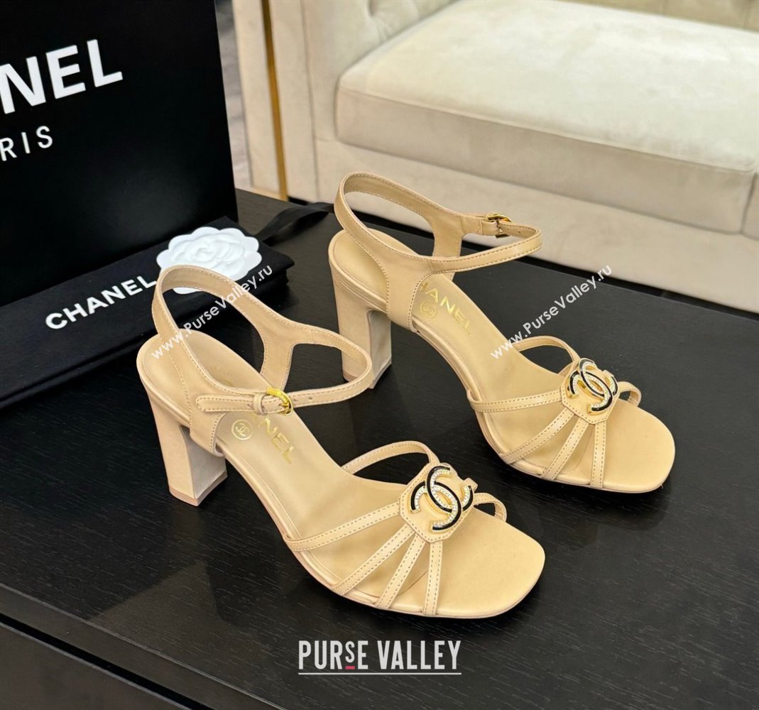 Chanel Lambskin Heel Sandals 8.5cm with CC Patch Beige 2025 G46274 (MD-250417055)