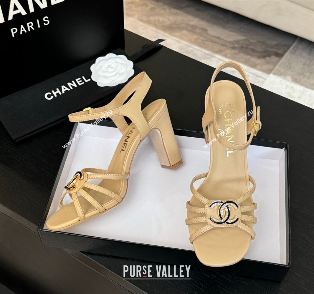 Chanel Lambskin Heel Sandals 8.5cm with CC Patch Beige 2025 G46274 (MD-250417055)