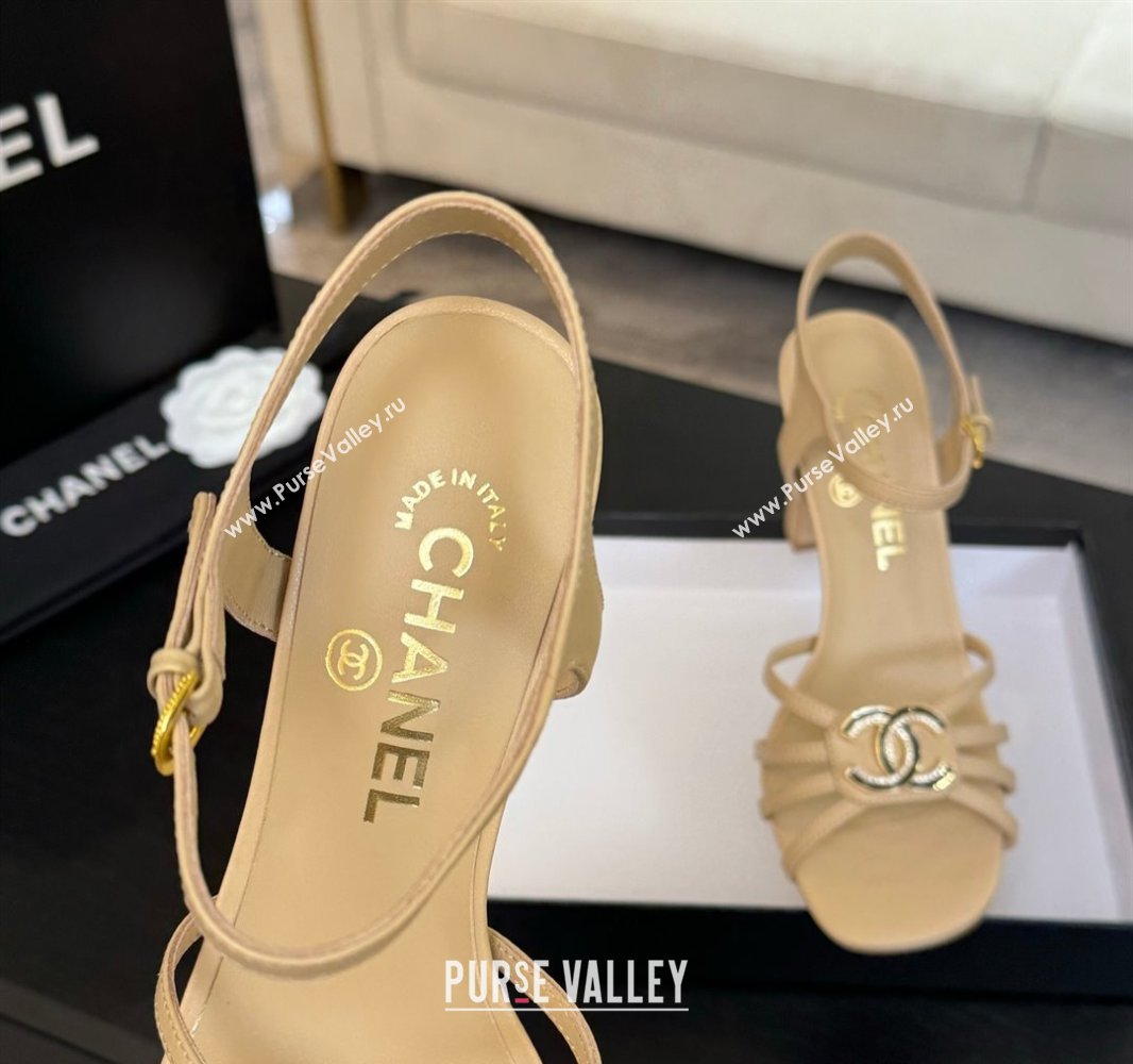 Chanel Lambskin Heel Sandals 8.5cm with CC Patch Beige 2025 G46274 (MD-250417055)