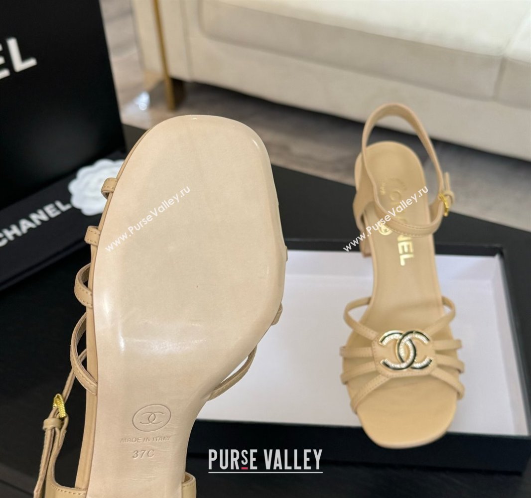 Chanel Lambskin Heel Sandals 8.5cm with CC Patch Beige 2025 G46274 (MD-250417055)