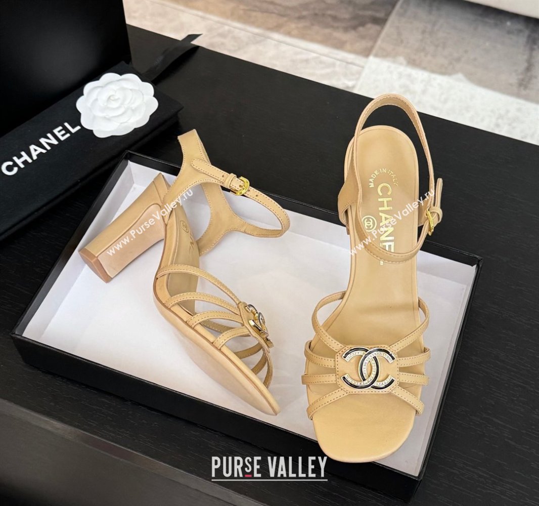 Chanel Lambskin Heel Sandals 8.5cm with CC Patch Beige 2025 G46274 (MD-250417055)