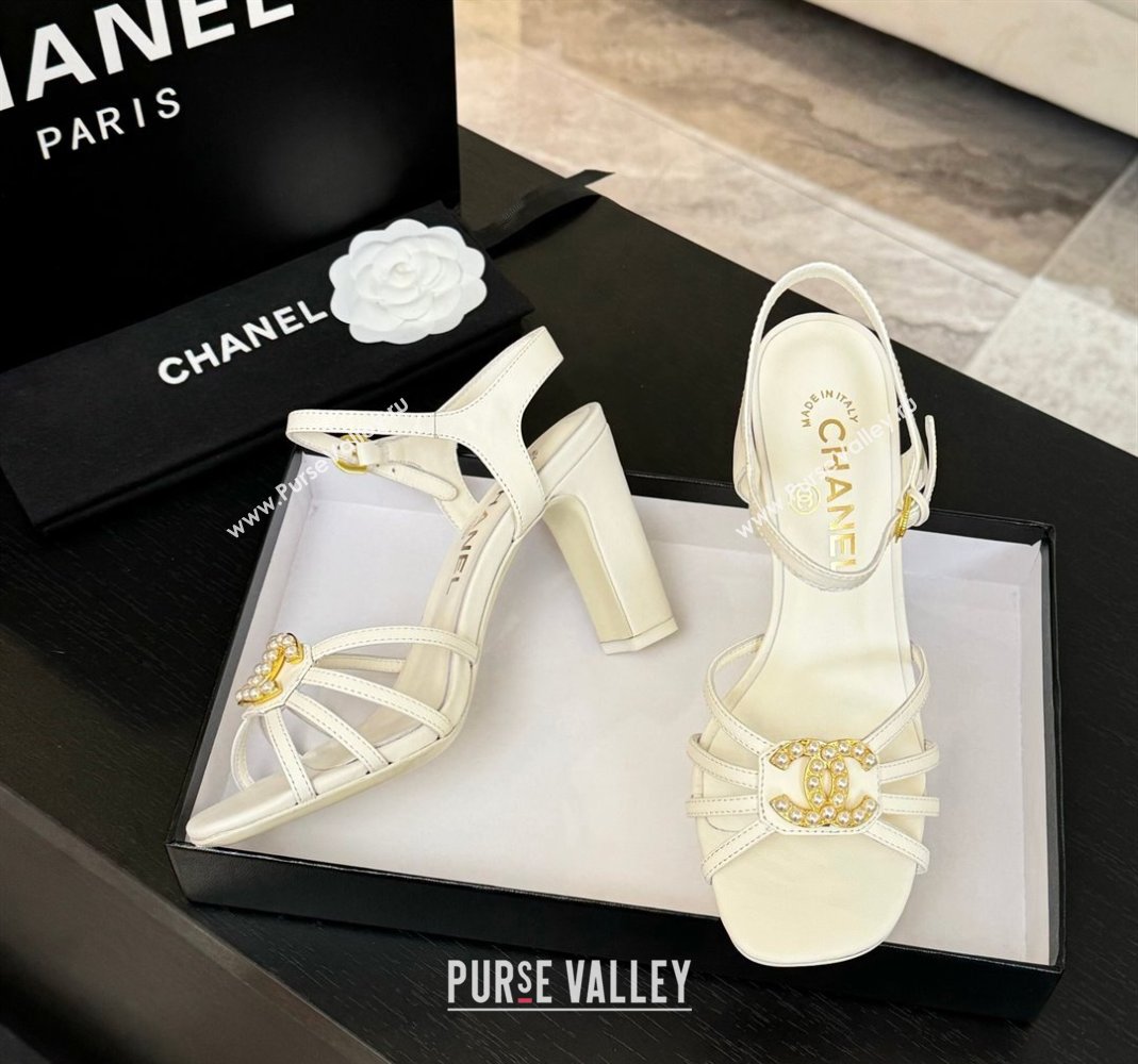 Chanel Lambskin Heel Sandals 8.5cm with CC Patch White 2025 G46274 (MD-250417056)