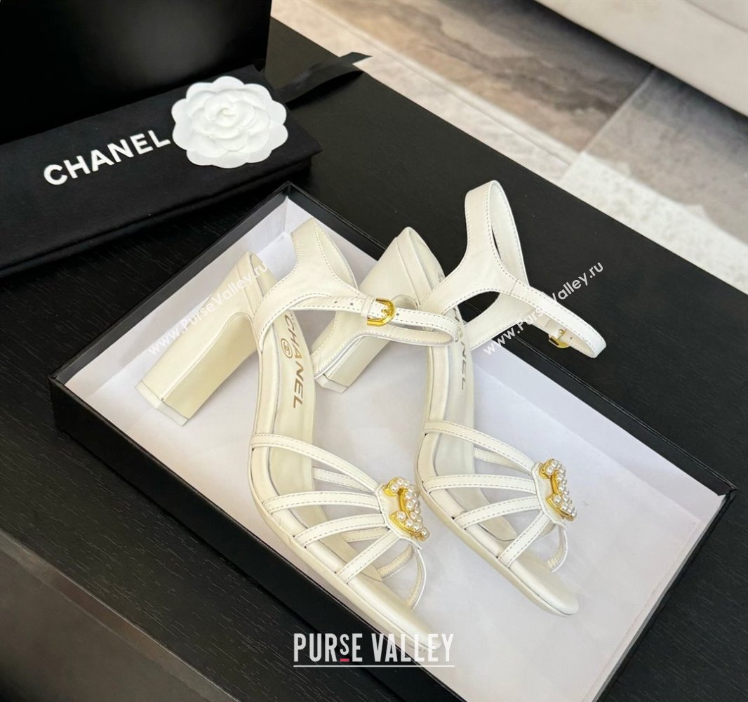 Chanel Lambskin Heel Sandals 8.5cm with CC Patch White 2025 G46274 (MD-250417056)