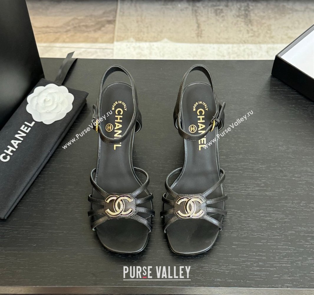 Chanel Lambskin Heel Sandals 8.5cm with CC Patch Black 2025 G46274 (MD-250417057)