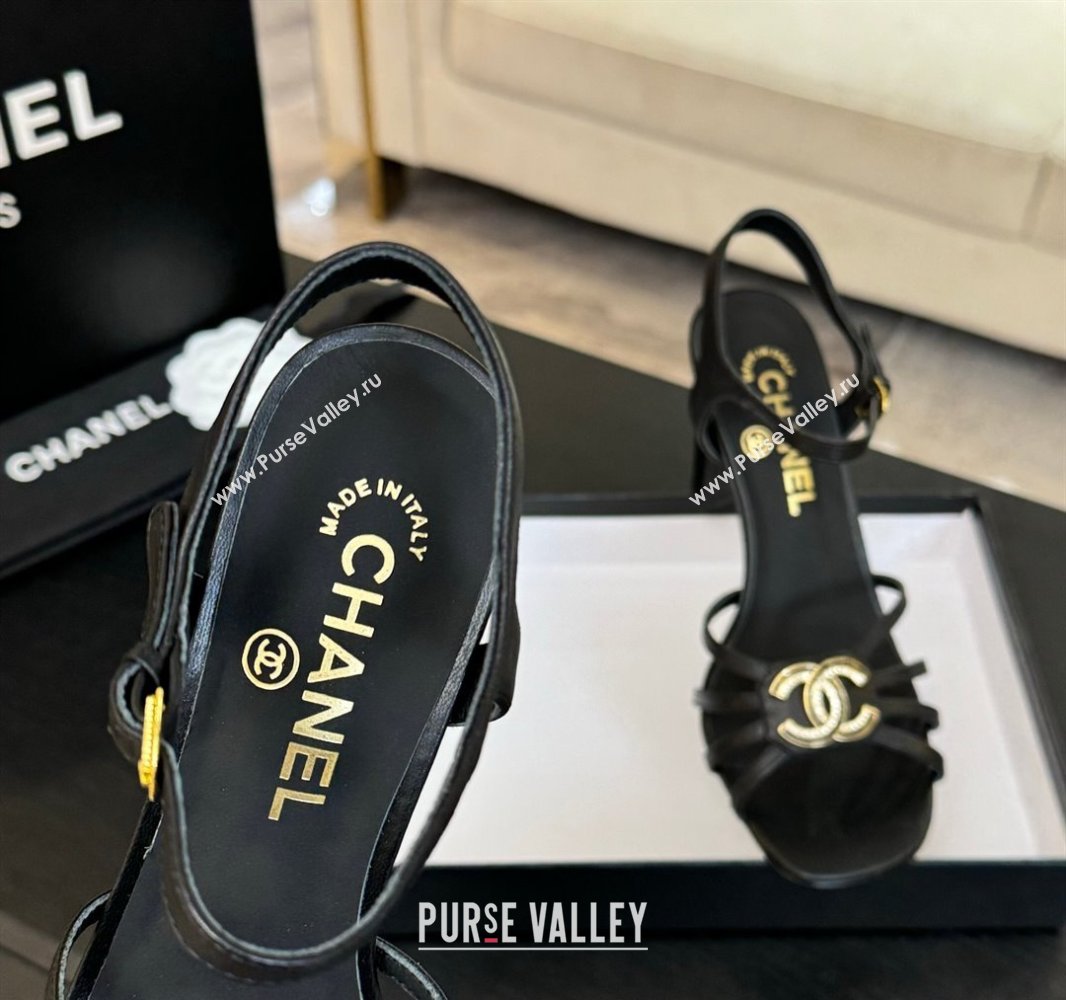 Chanel Lambskin Heel Sandals 8.5cm with CC Patch Black 2025 G46274 (MD-250417057)
