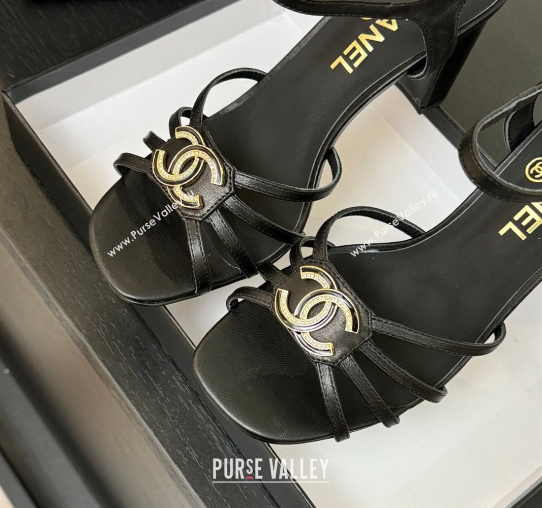 Chanel Lambskin Heel Sandals 8.5cm with CC Patch Black 2025 G46274 (MD-250417057)