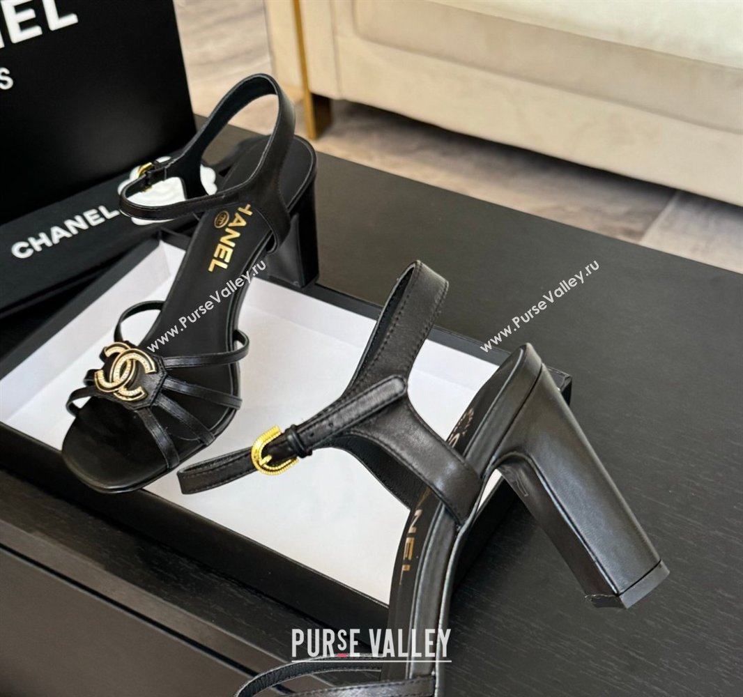Chanel Lambskin Heel Sandals 8.5cm with CC Patch Black 2025 G46274 (MD-250417057)