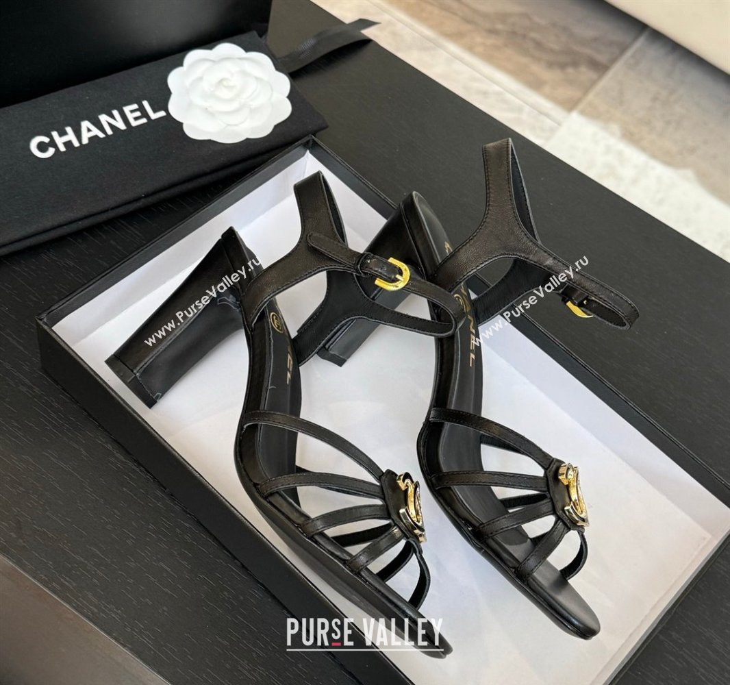 Chanel Lambskin Heel Sandals 8.5cm with CC Patch Black 2025 G46274 (MD-250417057)