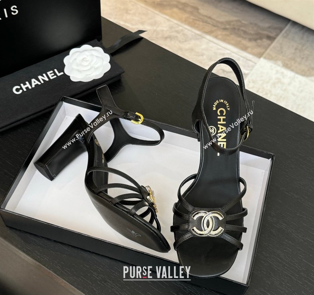 Chanel Lambskin Heel Sandals 8.5cm with CC Patch Black 2025 G46274 (MD-250417057)