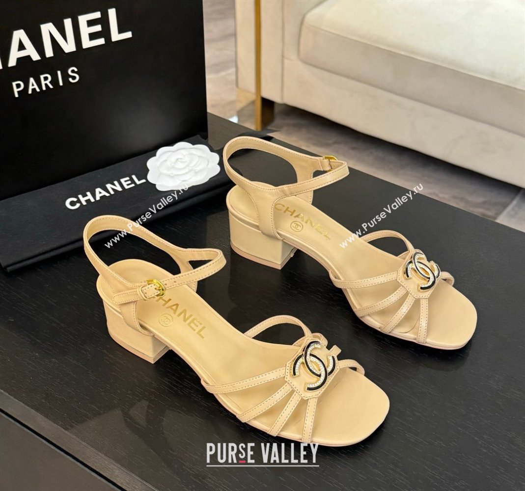 Chanel Lambskin Heel Sandals 4.5cm with CC Patch Beige 2025 G46274 (MD-250417058)