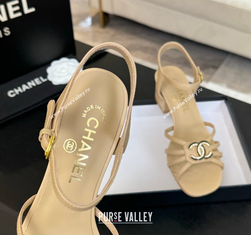 Chanel Lambskin Heel Sandals 4.5cm with CC Patch Beige 2025 G46274 (MD-250417058)