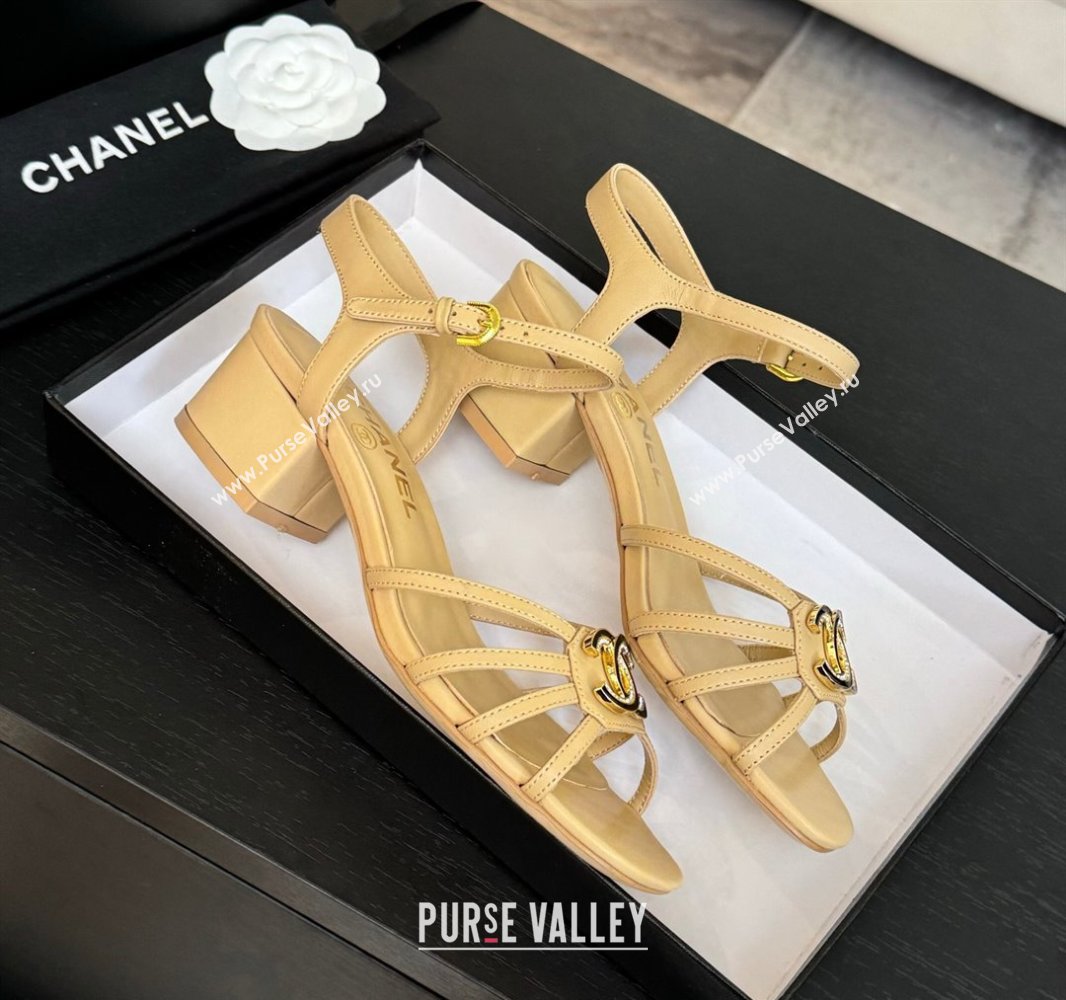 Chanel Lambskin Heel Sandals 4.5cm with CC Patch Beige 2025 G46274 (MD-250417058)