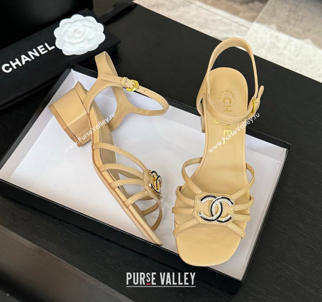 Chanel Lambskin Heel Sandals 4.5cm with CC Patch Beige 2025 G46274 (MD-250417058)