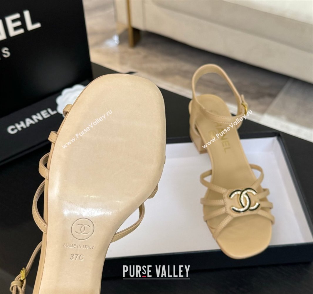 Chanel Lambskin Heel Sandals 4.5cm with CC Patch Beige 2025 G46274 (MD-250417058)