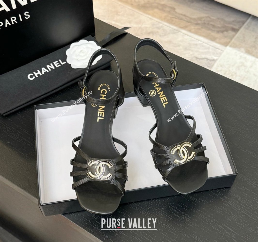 Chanel Lambskin Heel Sandals 4.5cm with CC Patch Black 2025 G46274 (MD-250417060)