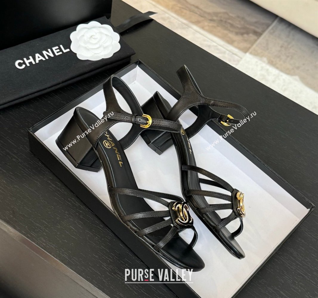 Chanel Lambskin Heel Sandals 4.5cm with CC Patch Black 2025 G46274 (MD-250417060)