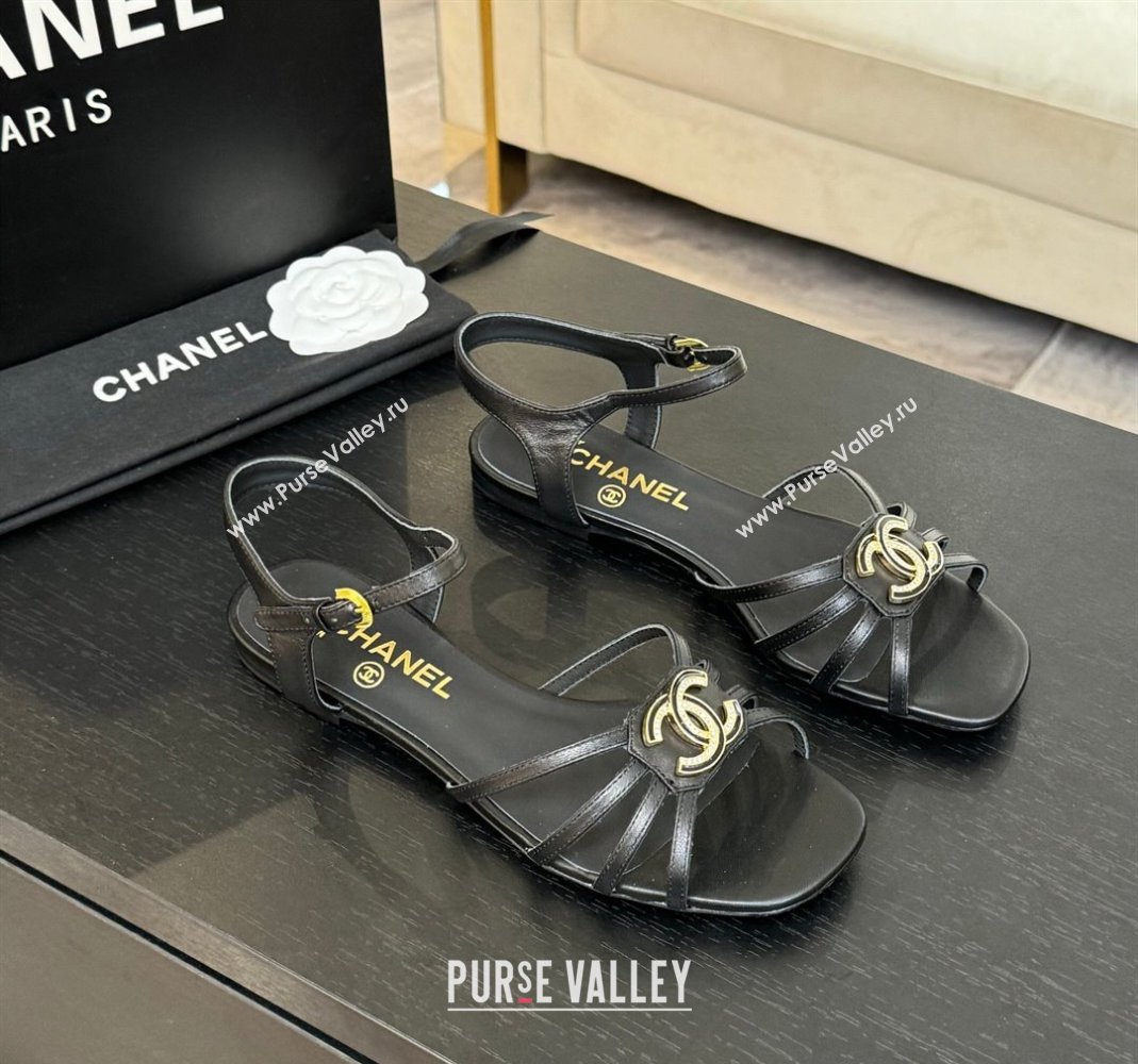 Chanel Lambskin Flat Sandals with CC Patch Black 2025 G46275 (MD-250417062)