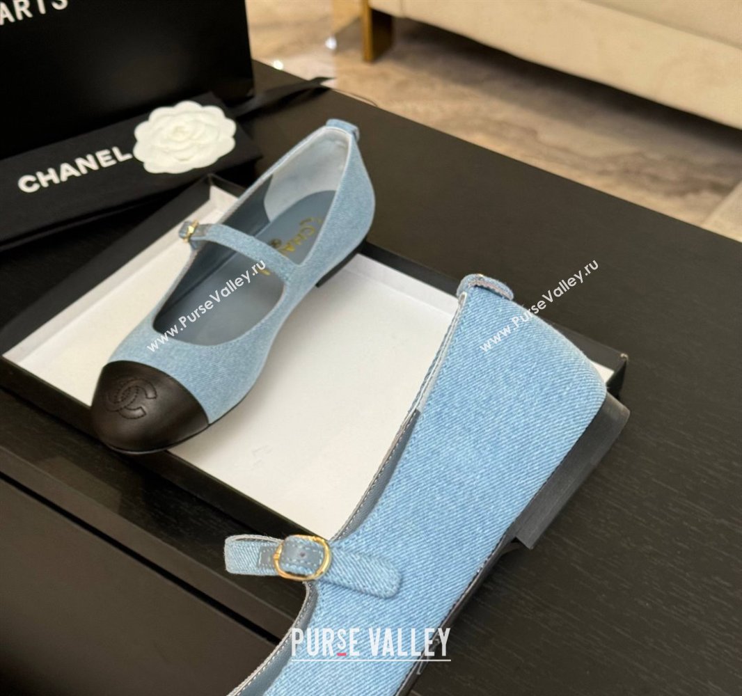 Chanel Denim Lambskin Mary Janes Ballet Flats Light Blue 2025 G46379 (MD-250417129)