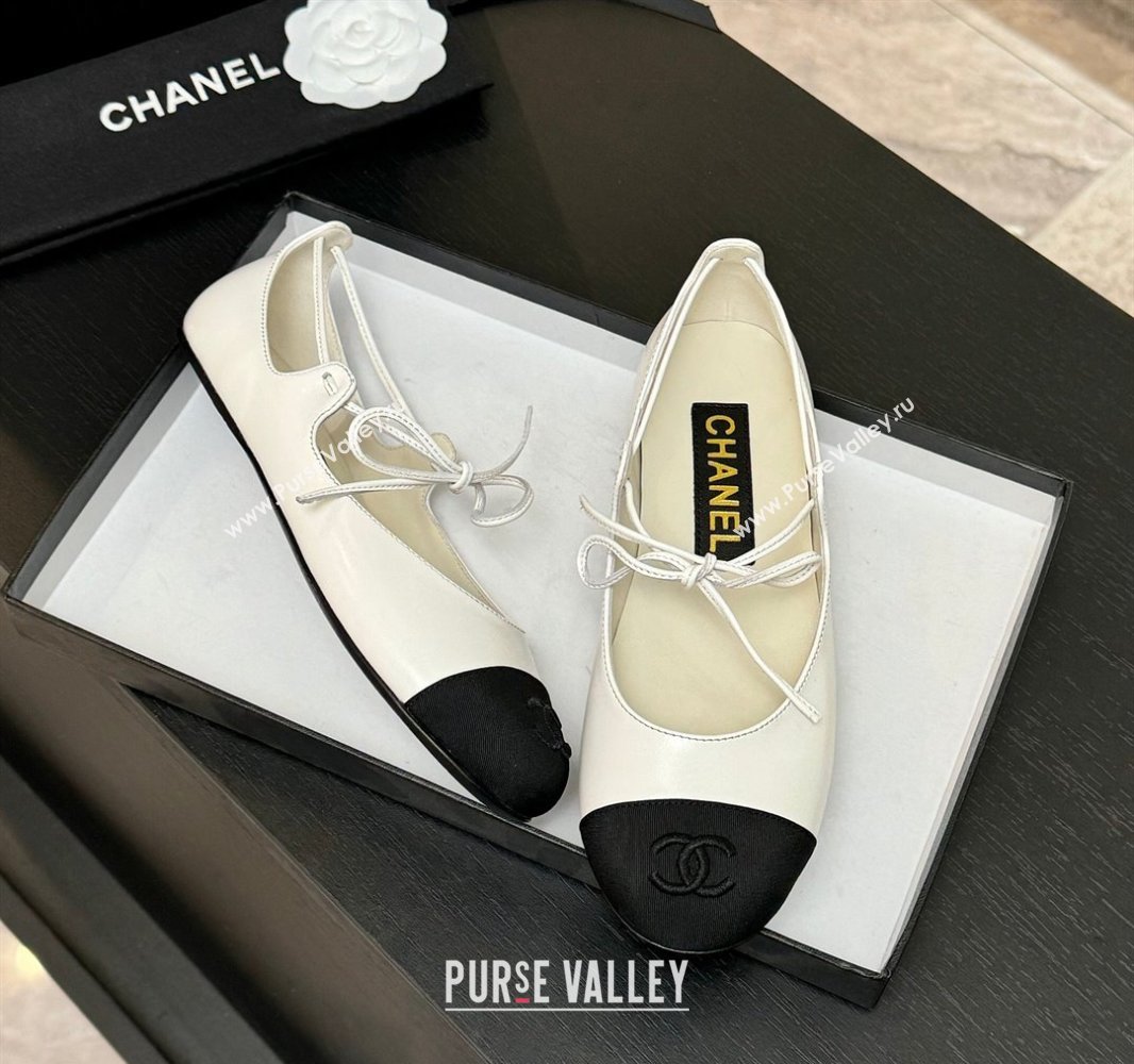 Chanel Lambskin Grosgrain Mary Janes Ballet Flats with Lace-up White 2025 G46324 (MD-250417130)
