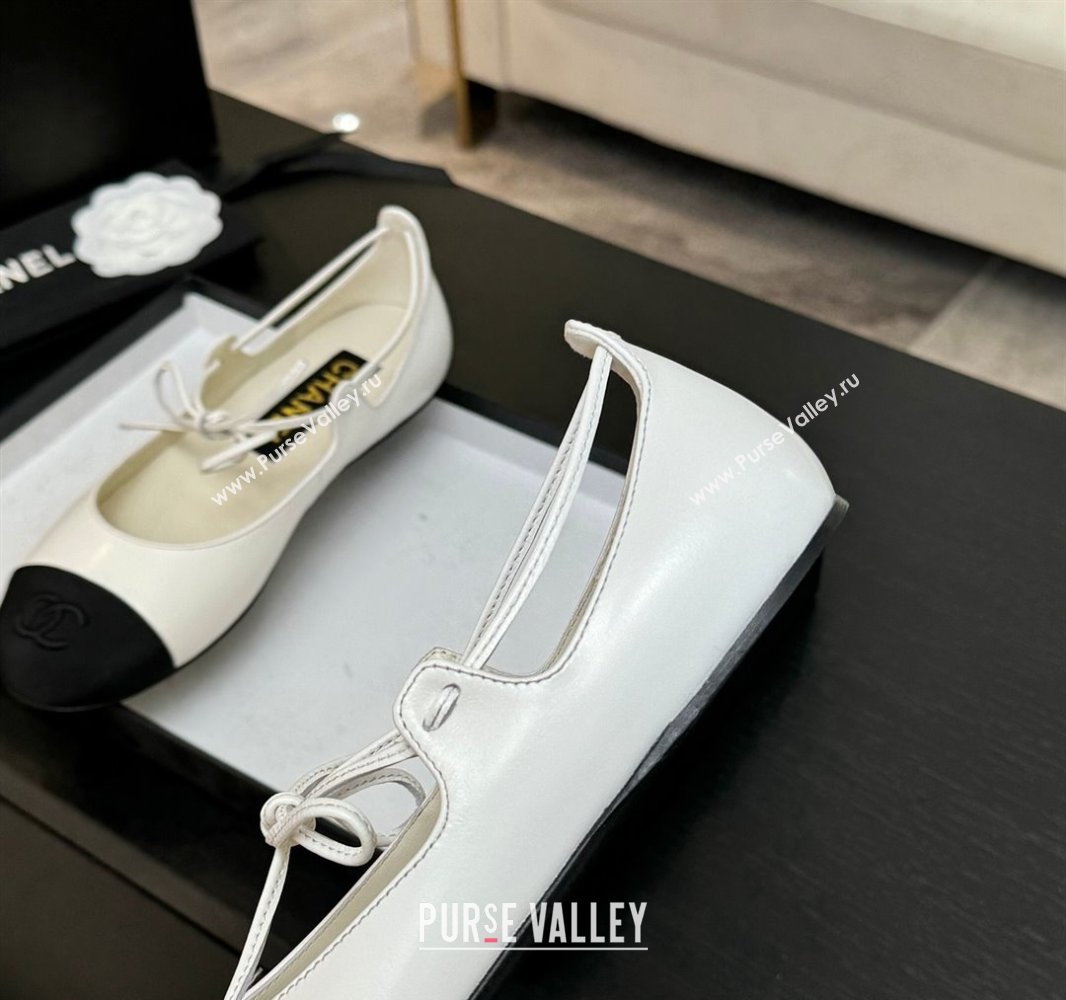 Chanel Lambskin Grosgrain Mary Janes Ballet Flats with Lace-up White 2025 G46324 (MD-250417130)