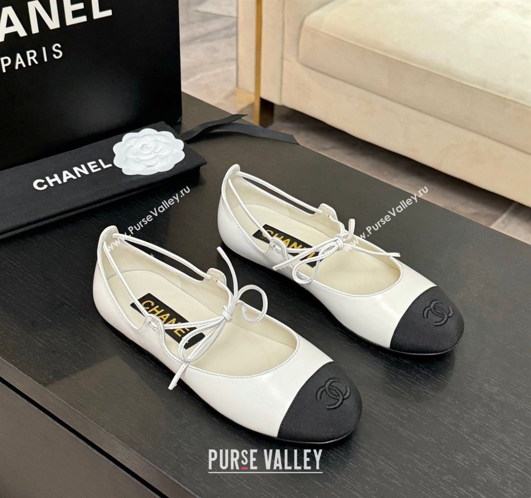 Chanel Lambskin Grosgrain Mary Janes Ballet Flats with Lace-up White 2025 G46324 (MD-250417130)