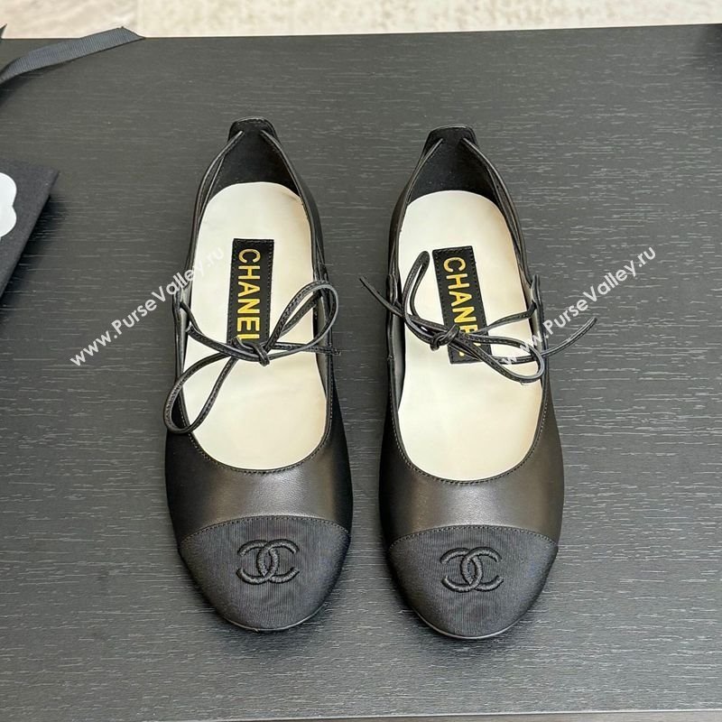 Chanel Lambskin Grosgrain Mary Janes Ballet Flats with Lace-up Black 2025 G46324 (MD-250417131)