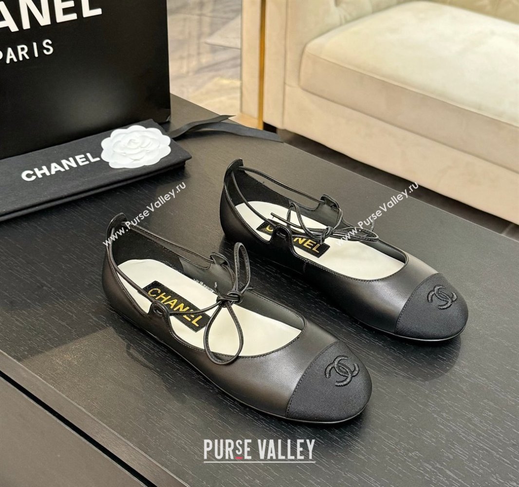 Chanel Lambskin Grosgrain Mary Janes Ballet Flats with Lace-up Black 2025 G46324 (MD-250417131)