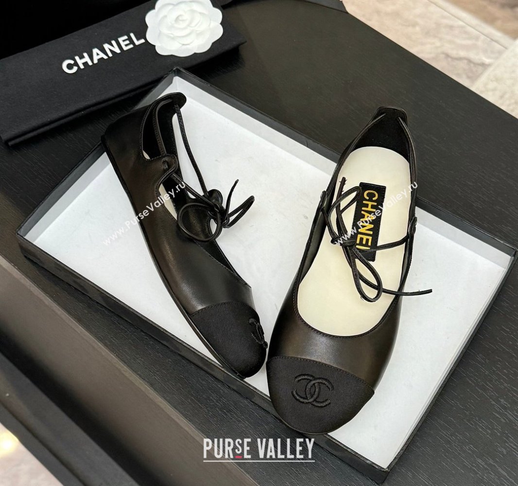 Chanel Lambskin Grosgrain Mary Janes Ballet Flats with Lace-up Black 2025 G46324 (MD-250417131)