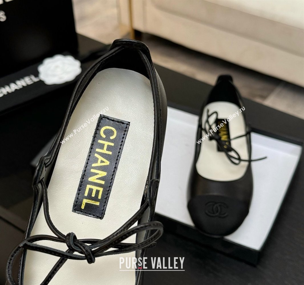 Chanel Lambskin Grosgrain Mary Janes Ballet Flats with Lace-up Black 2025 G46324 (MD-250417131)