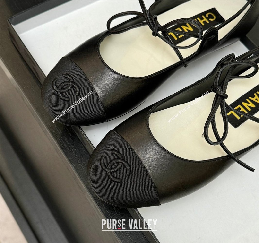 Chanel Lambskin Grosgrain Mary Janes Ballet Flats with Lace-up Black 2025 G46324 (MD-250417131)