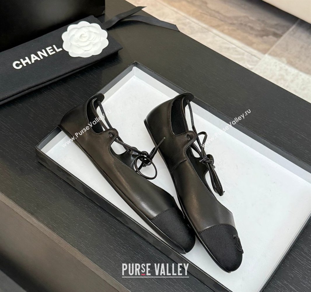 Chanel Lambskin Grosgrain Mary Janes Ballet Flats with Lace-up Black 2025 G46324 (MD-250417131)