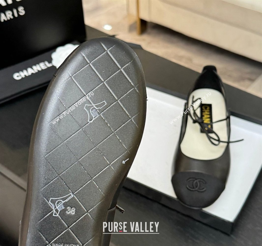 Chanel Lambskin Grosgrain Mary Janes Ballet Flats with Lace-up Black 2025 G46324 (MD-250417131)