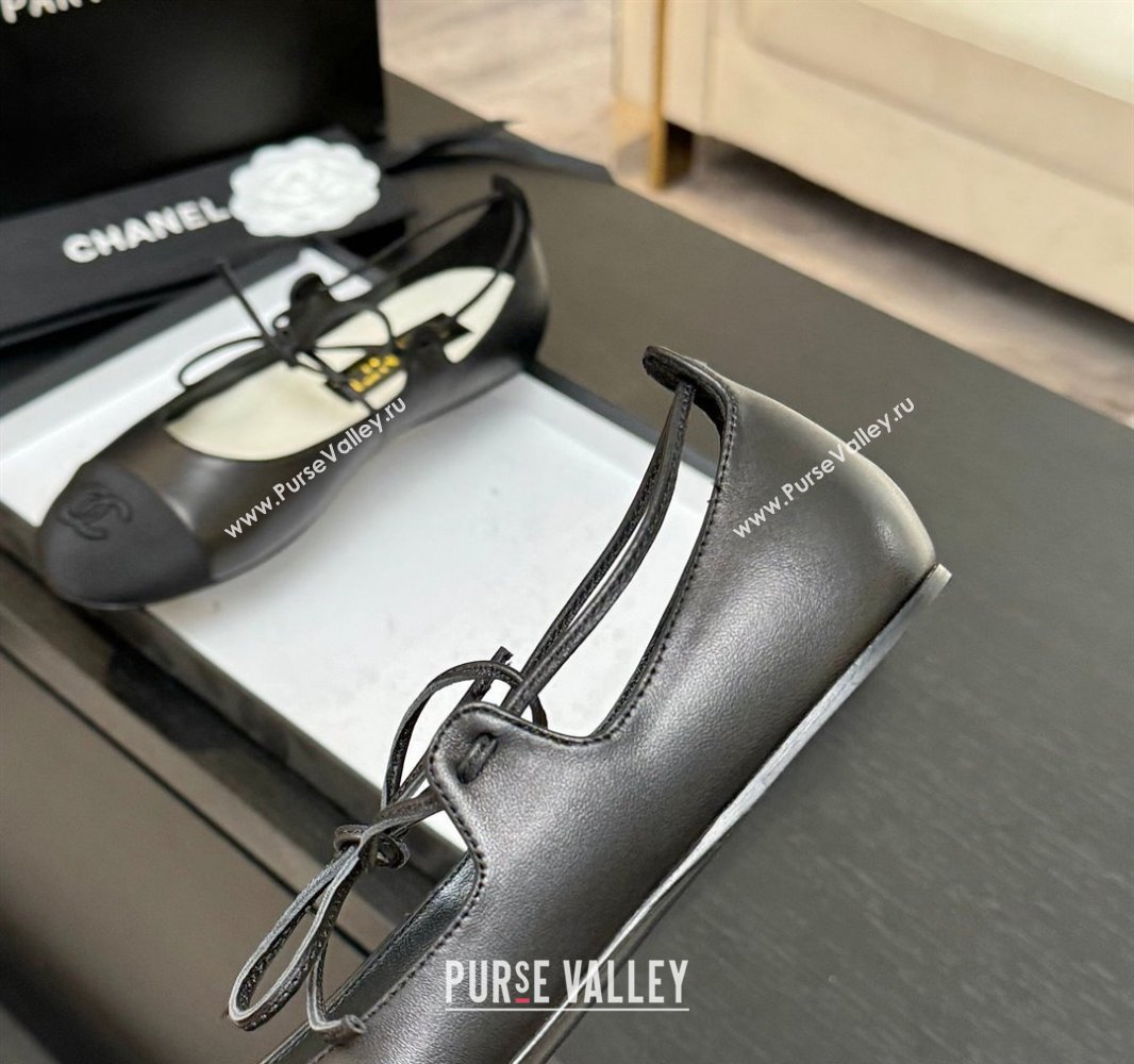 Chanel Lambskin Grosgrain Mary Janes Ballet Flats with Lace-up Black 2025 G46324 (MD-250417131)